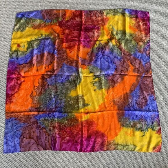 SILK square scarf multicolor watercolor design women’s 38” - Picture 10 of 11